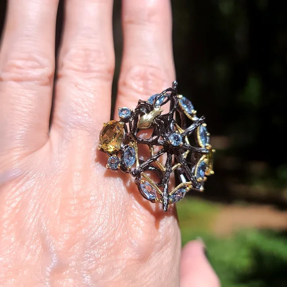 Topaz & Citrine sterling & gold Rhodium 🕷 spider on 🕸 web cocktail ring sz8.5